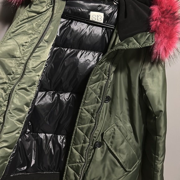 S13 New York army green pink faux fur collar puffer coat jacket - Picture 7 of 16